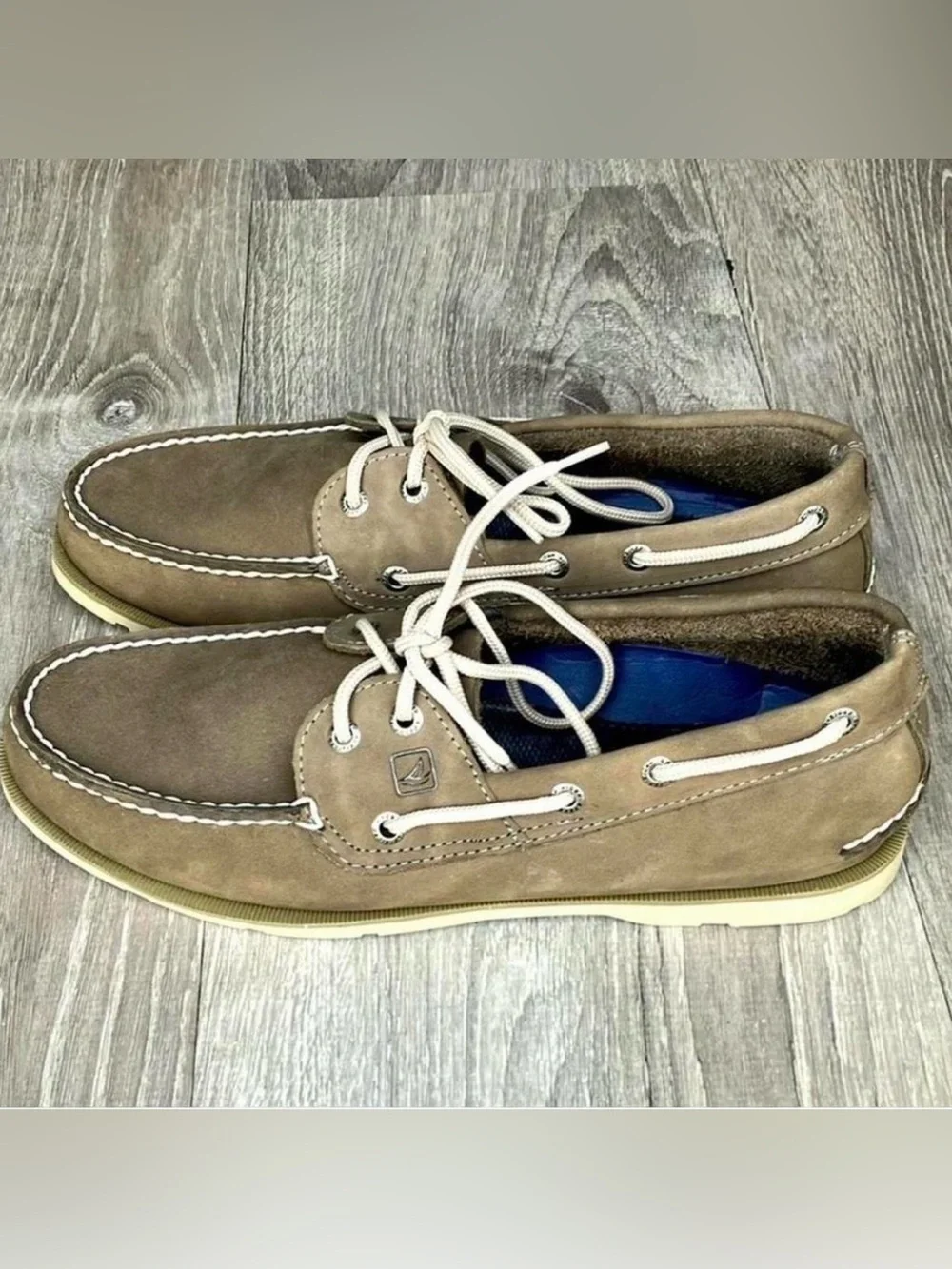 Sperry Men's Suede Boat Shoes in Taupe with White Laces